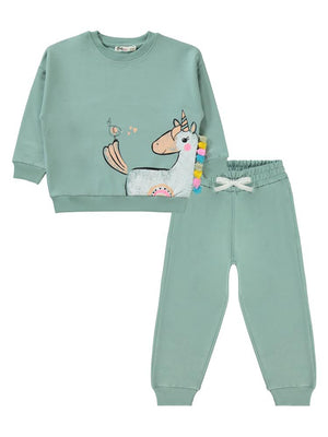 Civil Girls Püsküllü Unicorn Baskılı 2-5 Yaş Eşofman Takımı - Yeşil