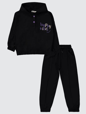 Civil Girls Happy Vibes Baskılı 6-9 Yaş Eşofman Takımı - Siyah