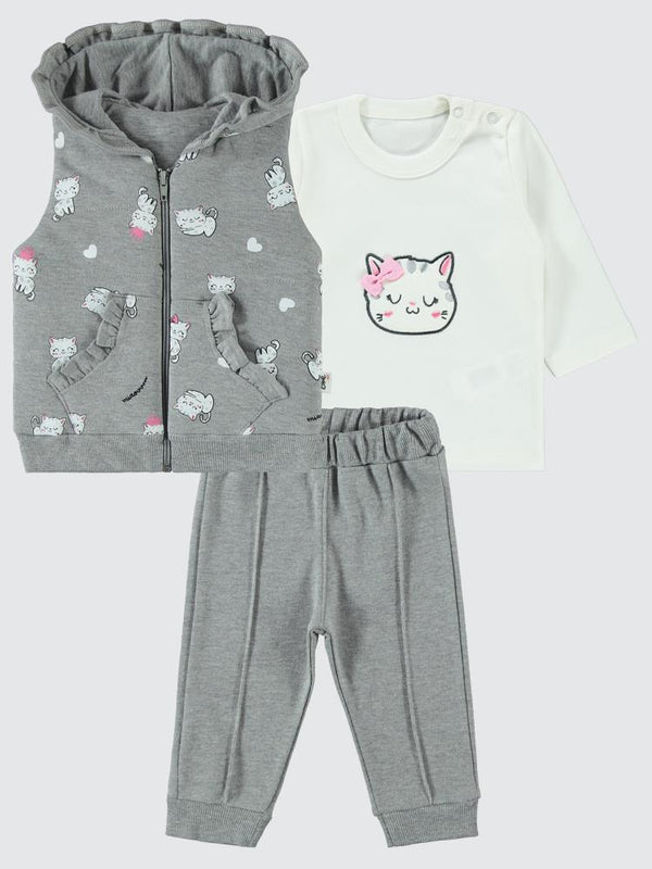 Civil Baby Kedi Nakışlı 3 lü 6-18 Ay Takım - Gri