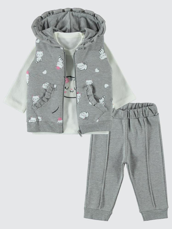 Civil Baby Kedi Nakışlı 3 lü 6-18 Ay Takım - Gri