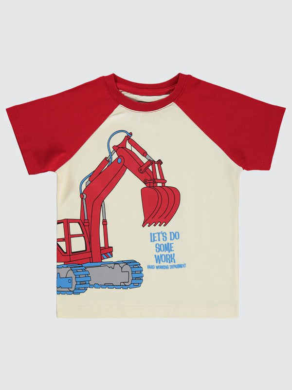 Civil Boys Dozer Baskılı Reglan Kol 2-5 Yaş Tişört - Kırmızı