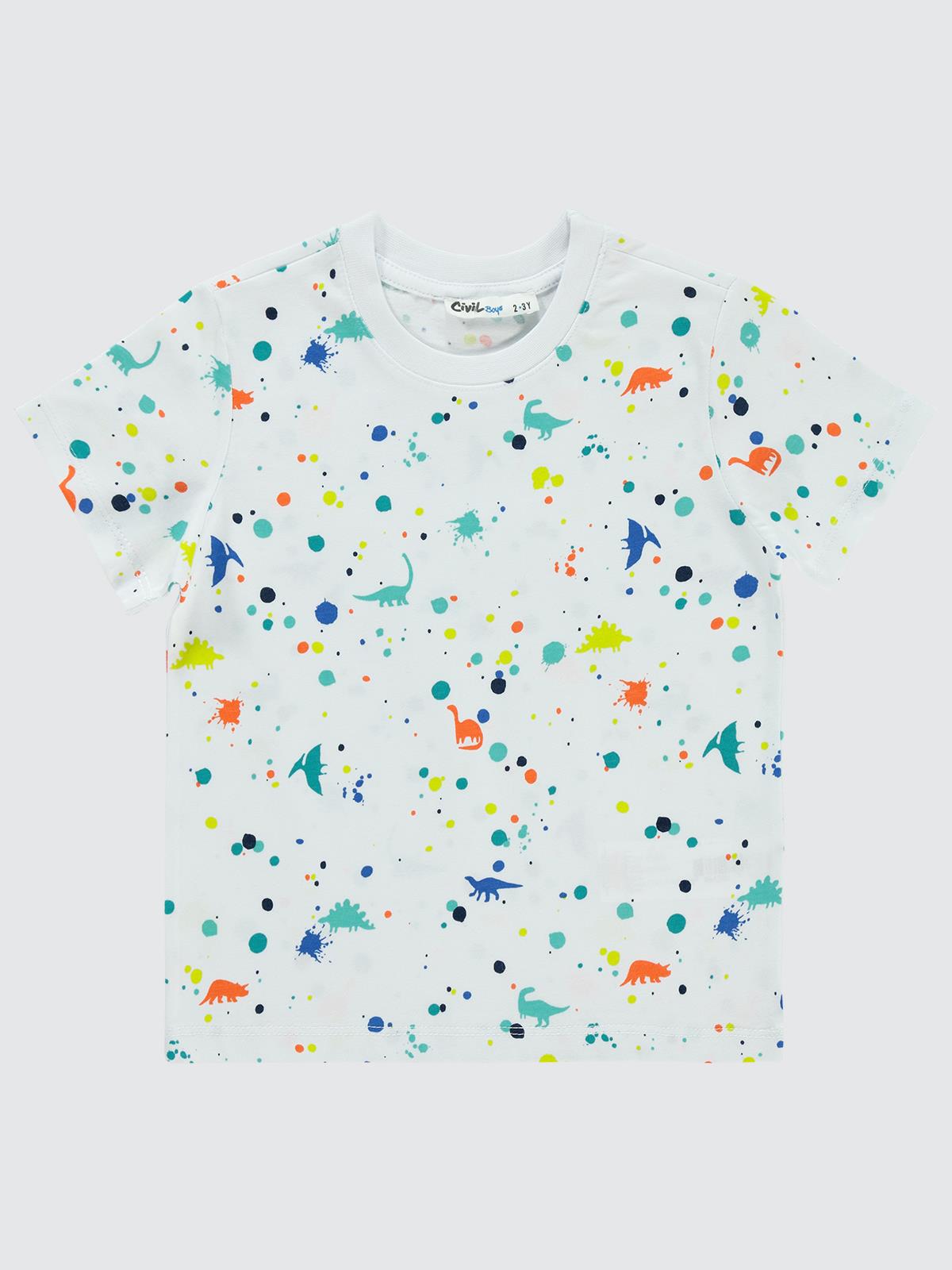 Civil Boys Sıçratma Dino Baskılı Empirme 2-5 Yaş Tişört - Beyaz
