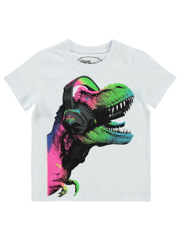 Civil Boys Kulaklıklı Dino Baskılı 2-5 Yaş Tişört - Beyaz