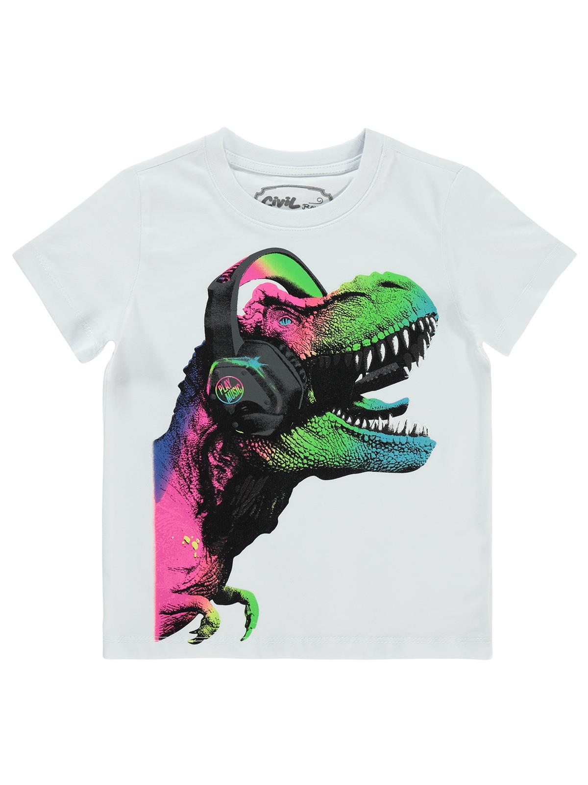 Civil Boys Kulaklıklı Dino Baskılı 2-5 Yaş Tişört - Beyaz