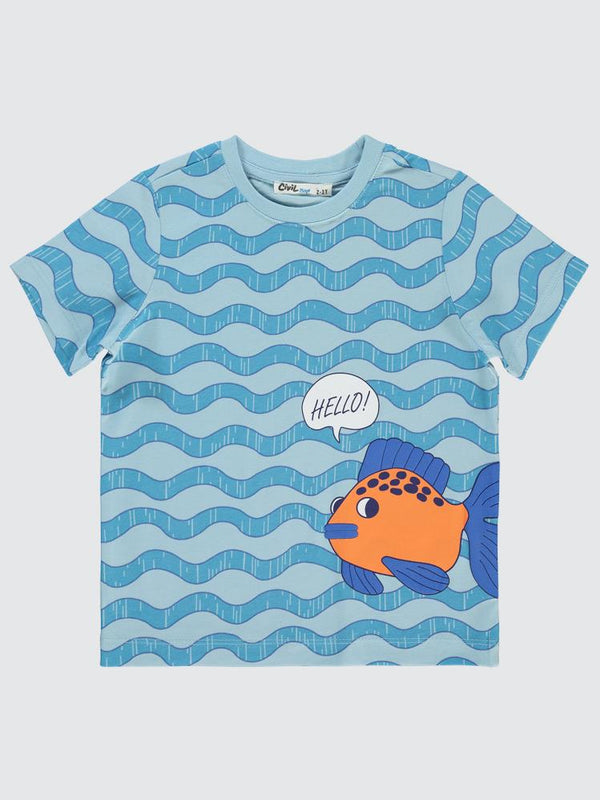 Civil Boys Dalga Empirmeli Balık Baskılı 2-5 Yaş Tişört - Mavi