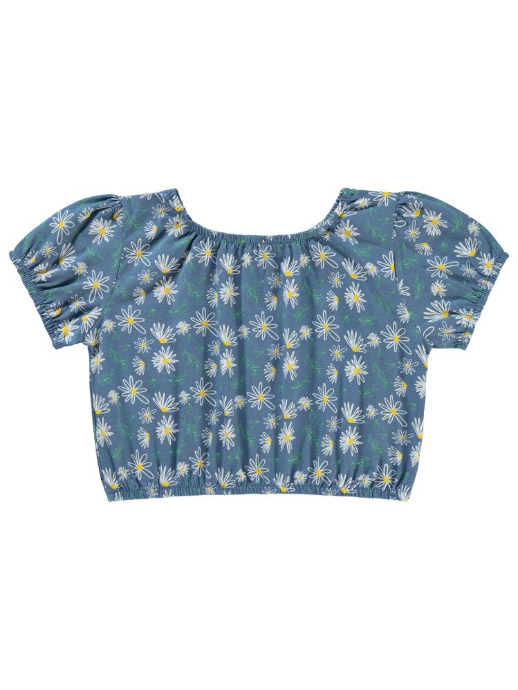 G739 Civil Girls Lastikli Papatya Empirme Crop 6-9 Yaş Tişört - Mavi