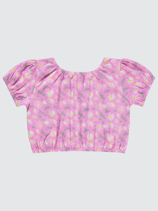 Civil Girls Lastikli Papatya Empirme Crop 6-9 Yaş Tişört - Pembe