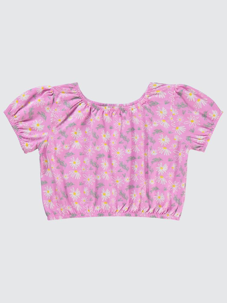 G739 Civil Girls Lastikli Papatya Empirme Crop 6-9 Yaş Tişört - Pembe