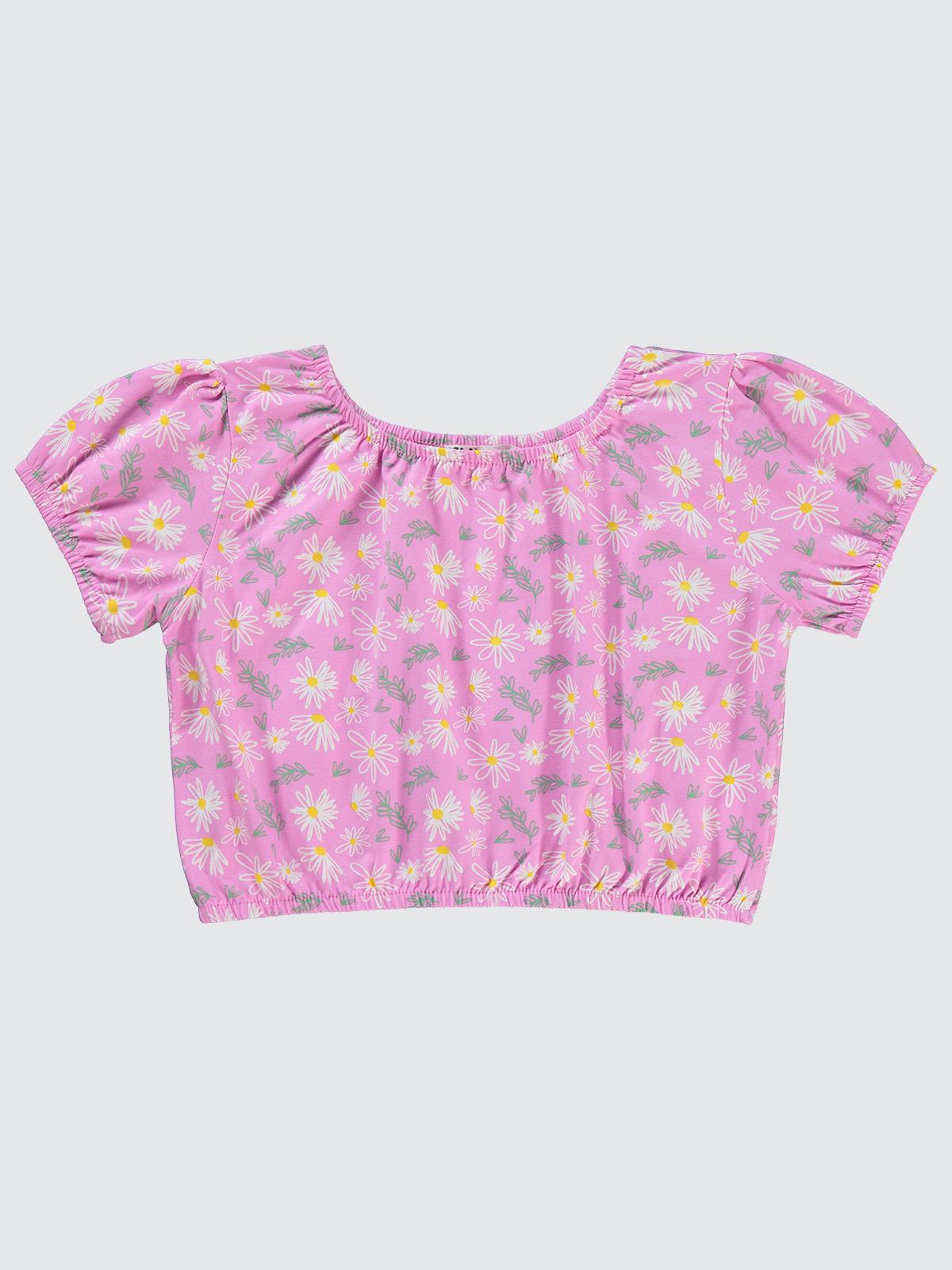 Civil Girls Lastikli Papatya Empirme Crop 6-9 Yaş Tişört - Pembe