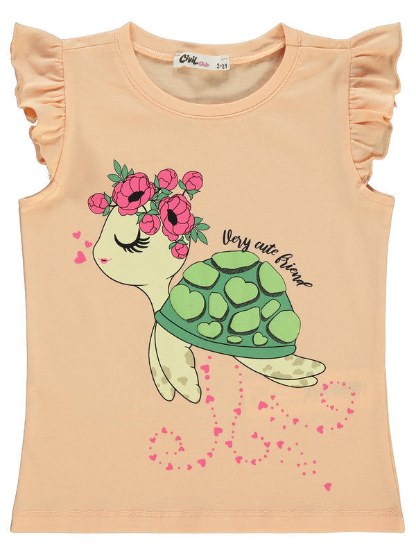 Civil Girls Kaplumbağa Baskılı 2-5 Yaş Tişört - Turuncu