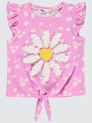 Civil Girls Puanlı Papatya Nakışlı 2-5 Yaş Tişört - Pembe