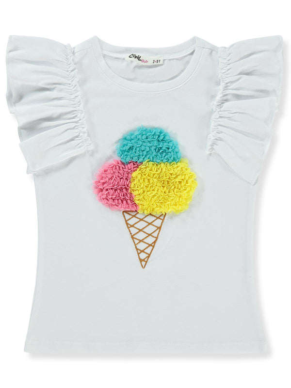 Civil Girls Dondurma Lase Nakışlı 2-5 Yaş Tişört - Beyaz