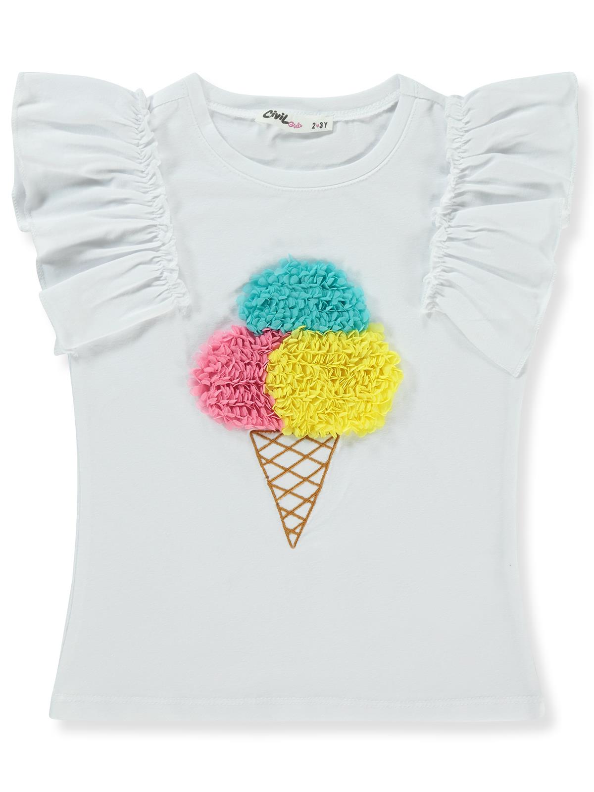 Civil Girls Dondurma Lase Nakışlı 2-5 Yaş Tişört - Beyaz