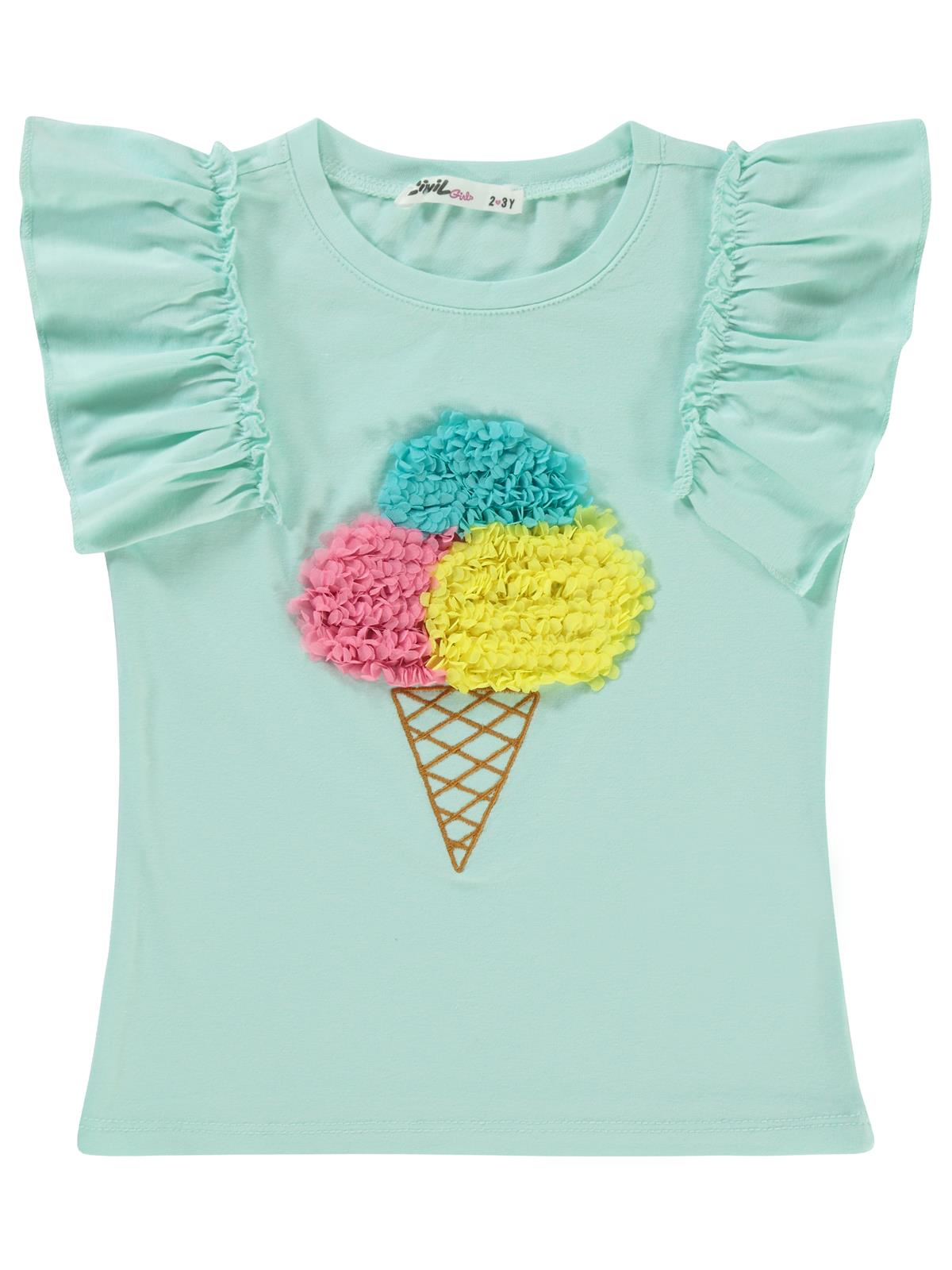 Civil Girls Dondurma Lase Nakışlı 2-5 Yaş Tişört - Yeşil
