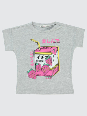 Civil Girls Anime Çilek Baskılı  2-5 Yaş Tişört - Gri