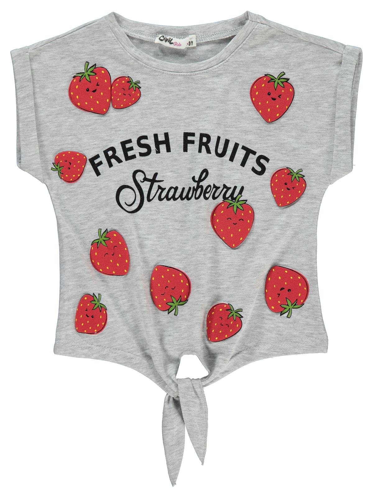 Civil Girls Çilek Baskılı 2-5 Yaş Tişört - Gri