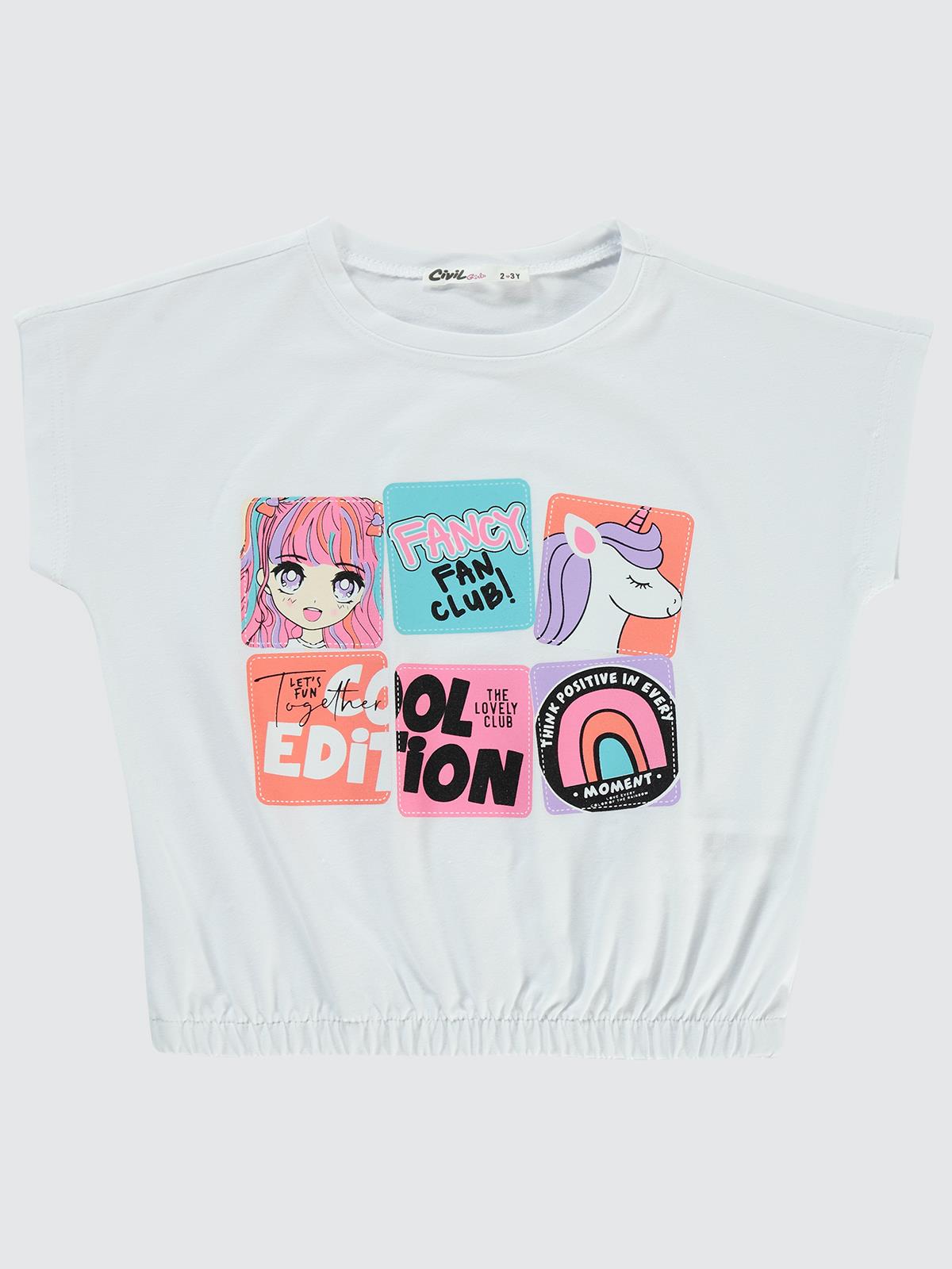Civil Girls Fancy Baskılı 2-5 Yaş Tişört - Beyaz