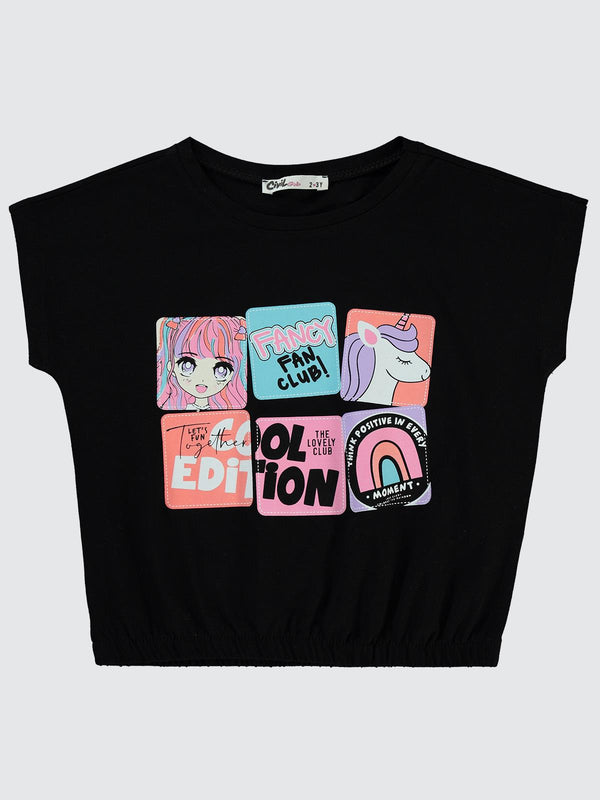 Civil Girls Fancy Baskılı 2-5 Yaş Tişört - Siyah