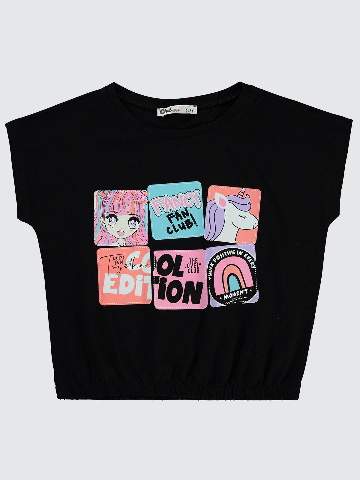 Civil Girls Fancy Baskılı 2-5 Yaş Tişört - Siyah
