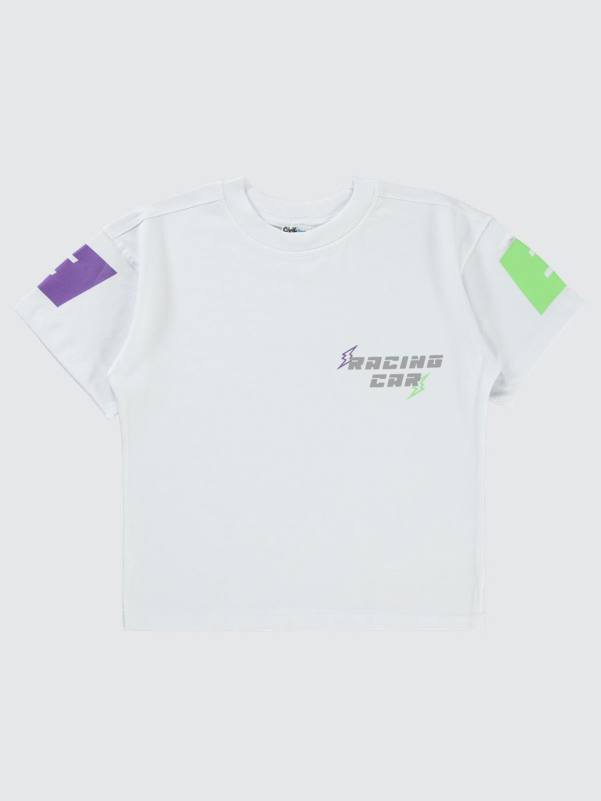 Civil Boys Racing Baskılı Oversize 6-9 Yaş Tişört - Beyaz