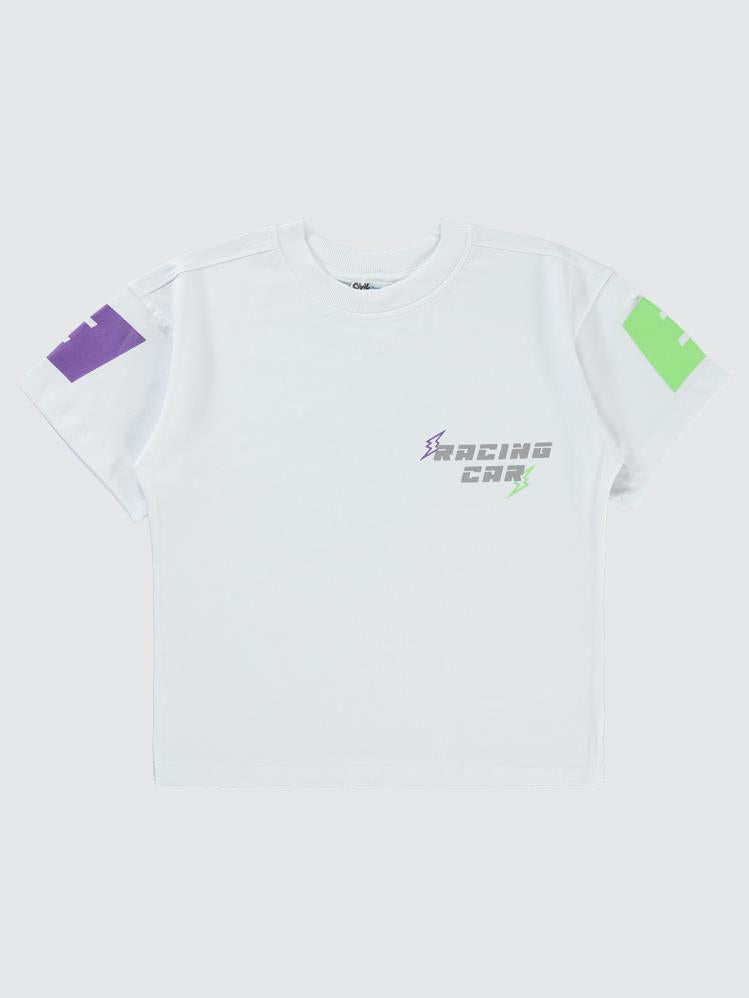 Civil Boys Racing Baskılı Oversize 6-9 Yaş Tişört - Beyaz