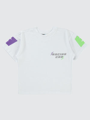 Civil Boys Racing Baskılı Oversize 10-13 Yaş Tişört - Beyaz