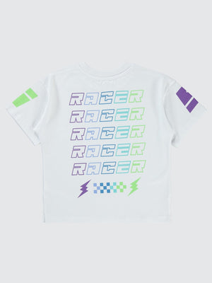 Civil Boys Racing Baskılı Oversize 10-13 Yaş Tişört - Beyaz