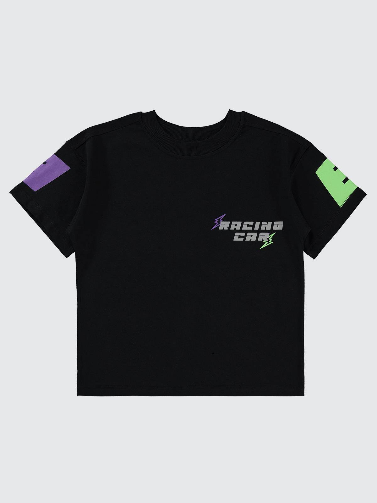 Civil Boys Racing Baskılı Oversize 10-13 Yaş Tişört - Siyah