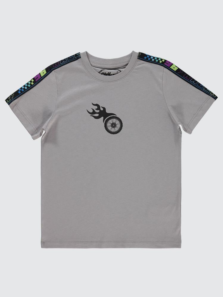 Civil Boys Tekerlek Baskılı 10-13 Yaş Tişört - Gri