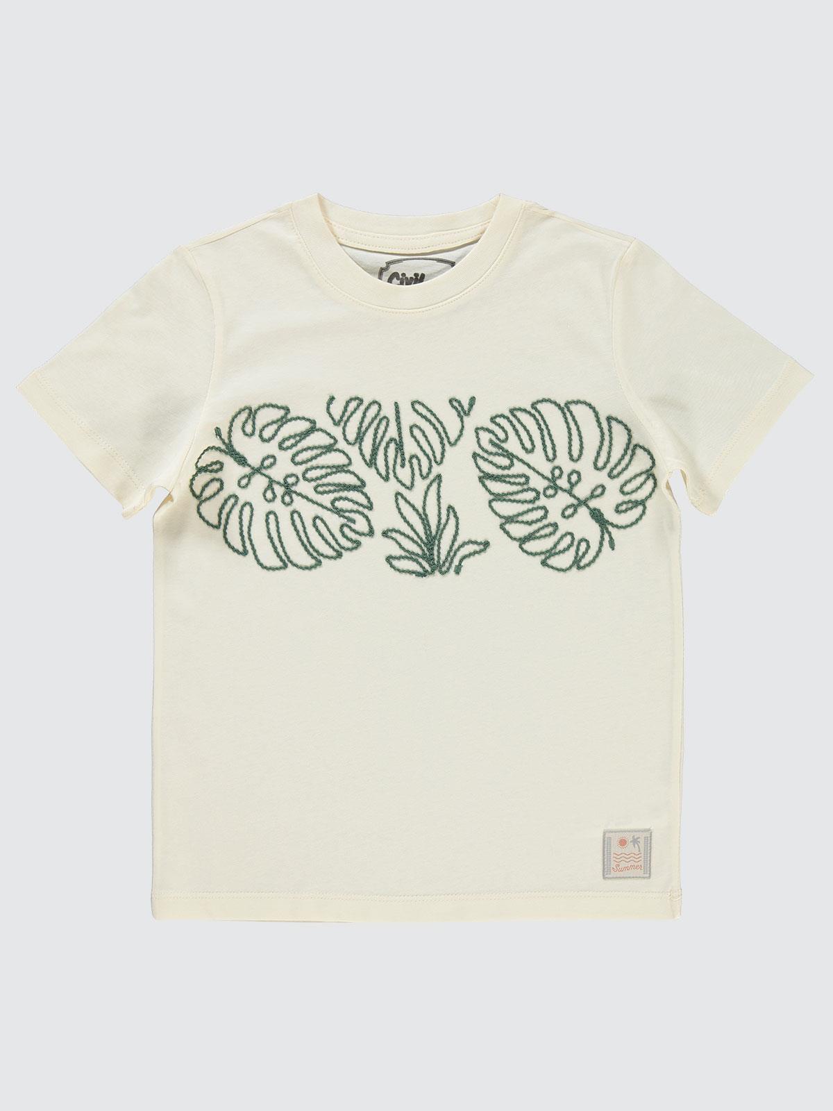 Civil Boys Leaf Nakışlı 10-13 Yaş Tişört - Fil Dişi