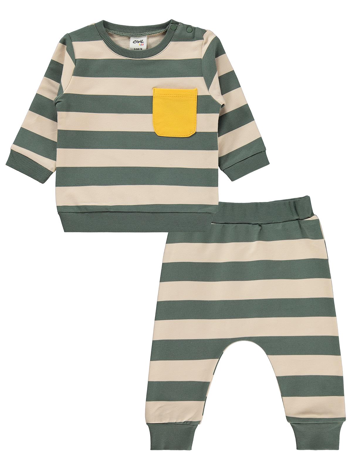 Civil Baby Çizgi Emprime Cepli 6-18 Ay Takım - Haki