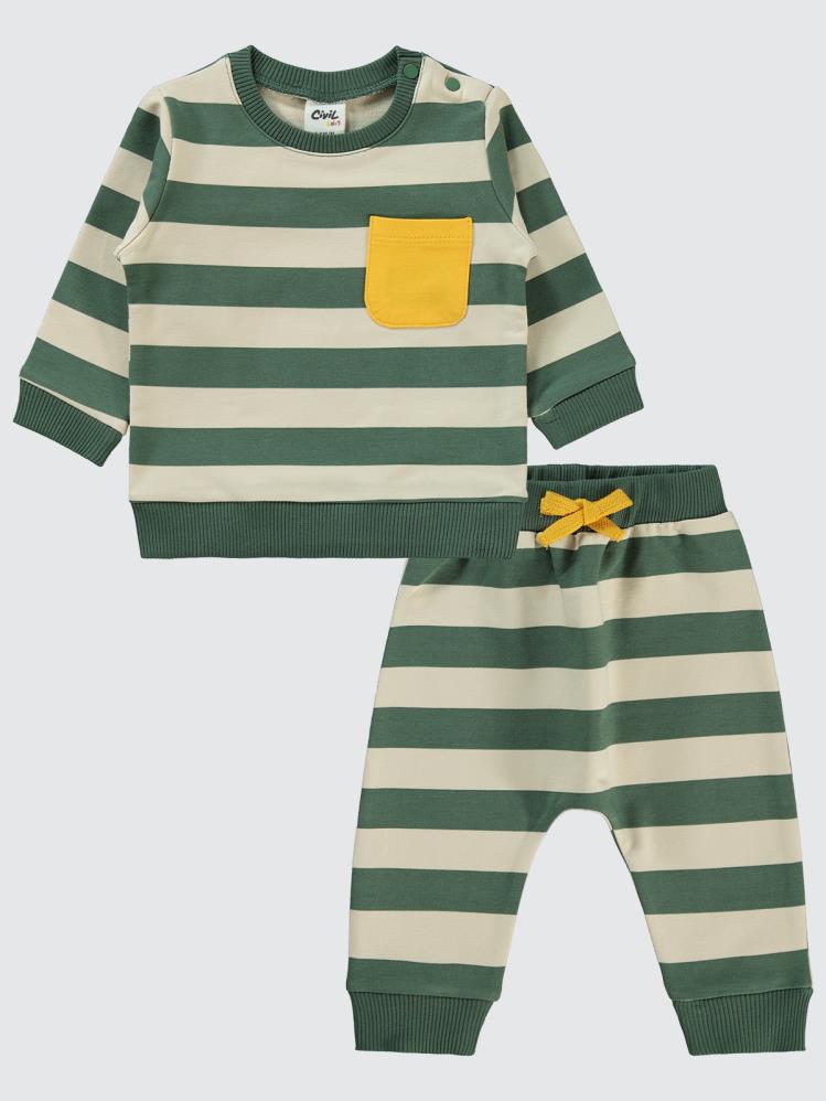 Civil Baby Çizgi Emprime Cepli 6-18 Ay Takım - Haki