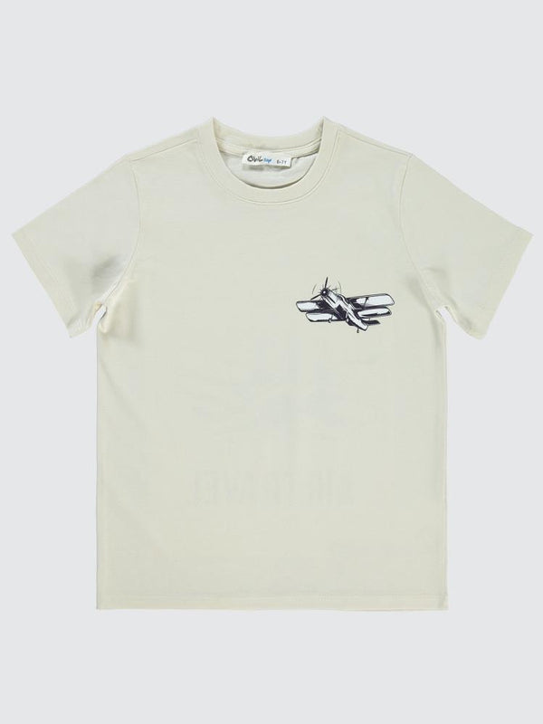 Civil Boys Uçak Baskılı 10-13 Yaş Tişört - Fil Dişi