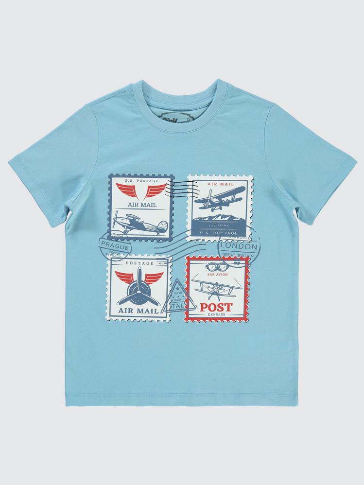 Civil Boys Kartpostal Baskılı 10-13 Yaş Tişört - Mavi