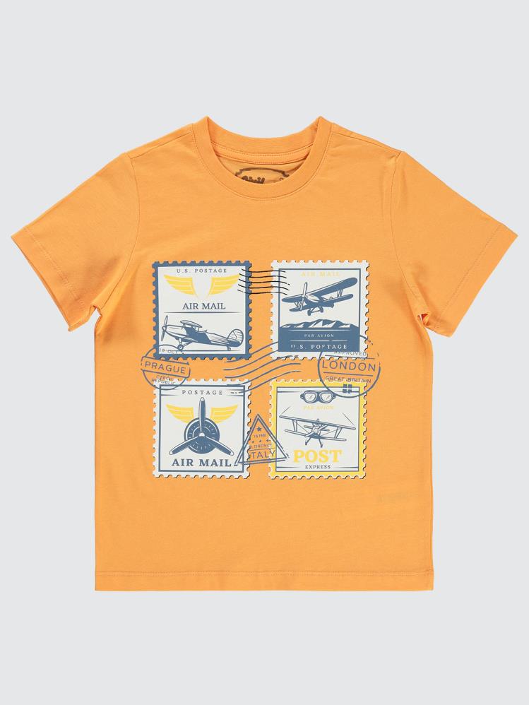 Civil Boys Kartpostal Baskılı 10-13 Yaş Tişört - Turuncu