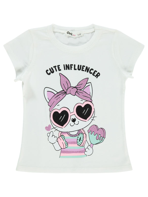 Civil Girls Kedi Baskılı 2-5 Yaş Tişört - Ekru