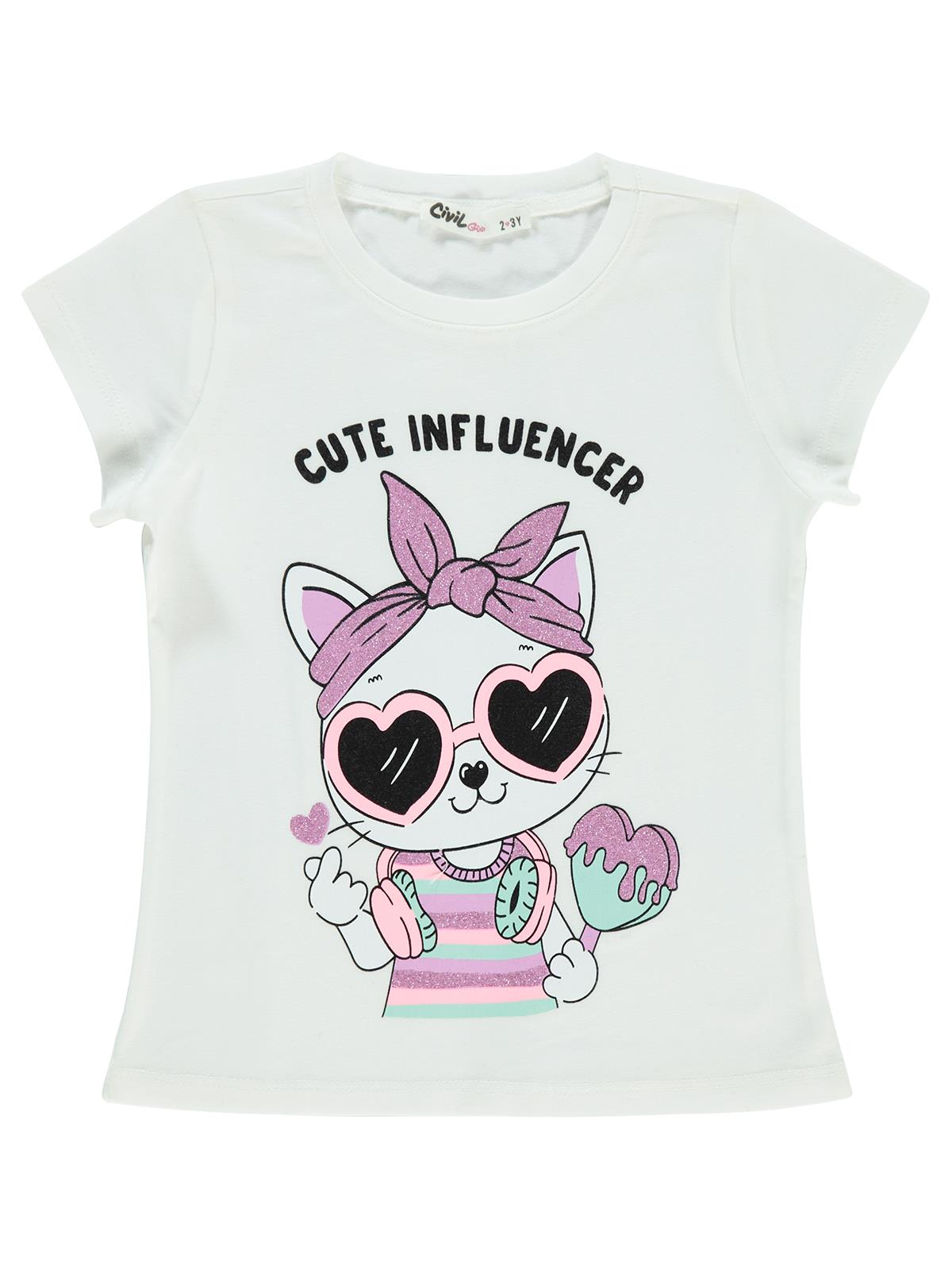 Civil Girls Kedi Baskılı 2-5 Yaş Tişört - Ekru