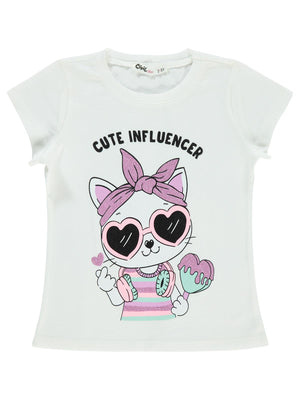 Civil Girls Kedi Baskılı 2-5 Yaş Tişört - Ekru