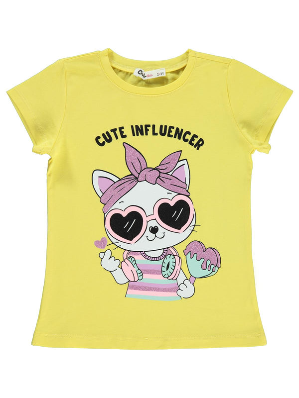 Civil Girls Kedi Baskılı 2-5 Yaş Tişört - Sarı