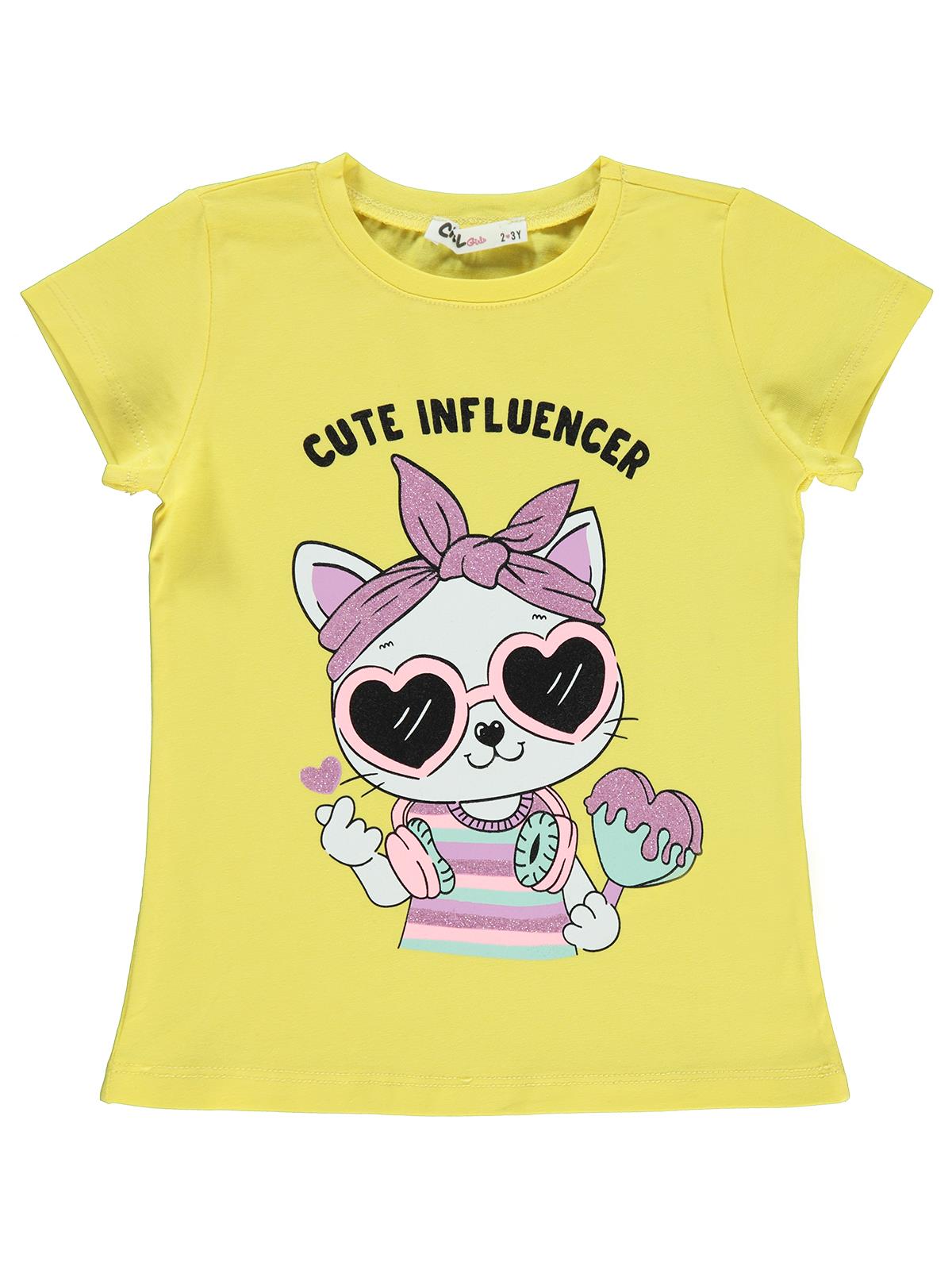 Civil Girls Kedi Baskılı 2-5 Yaş Tişört - Sarı