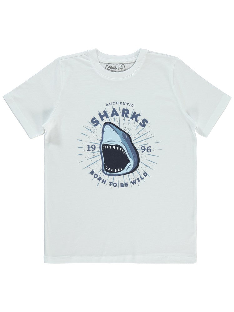 Civil Boys Shark Baskılı 10-13 Yaş Tişört - Beyaz