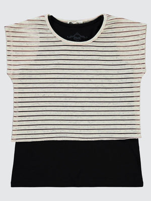 Civil Girls Tüllü Çizgili 10-13 Yaş Tişört - Siyah
