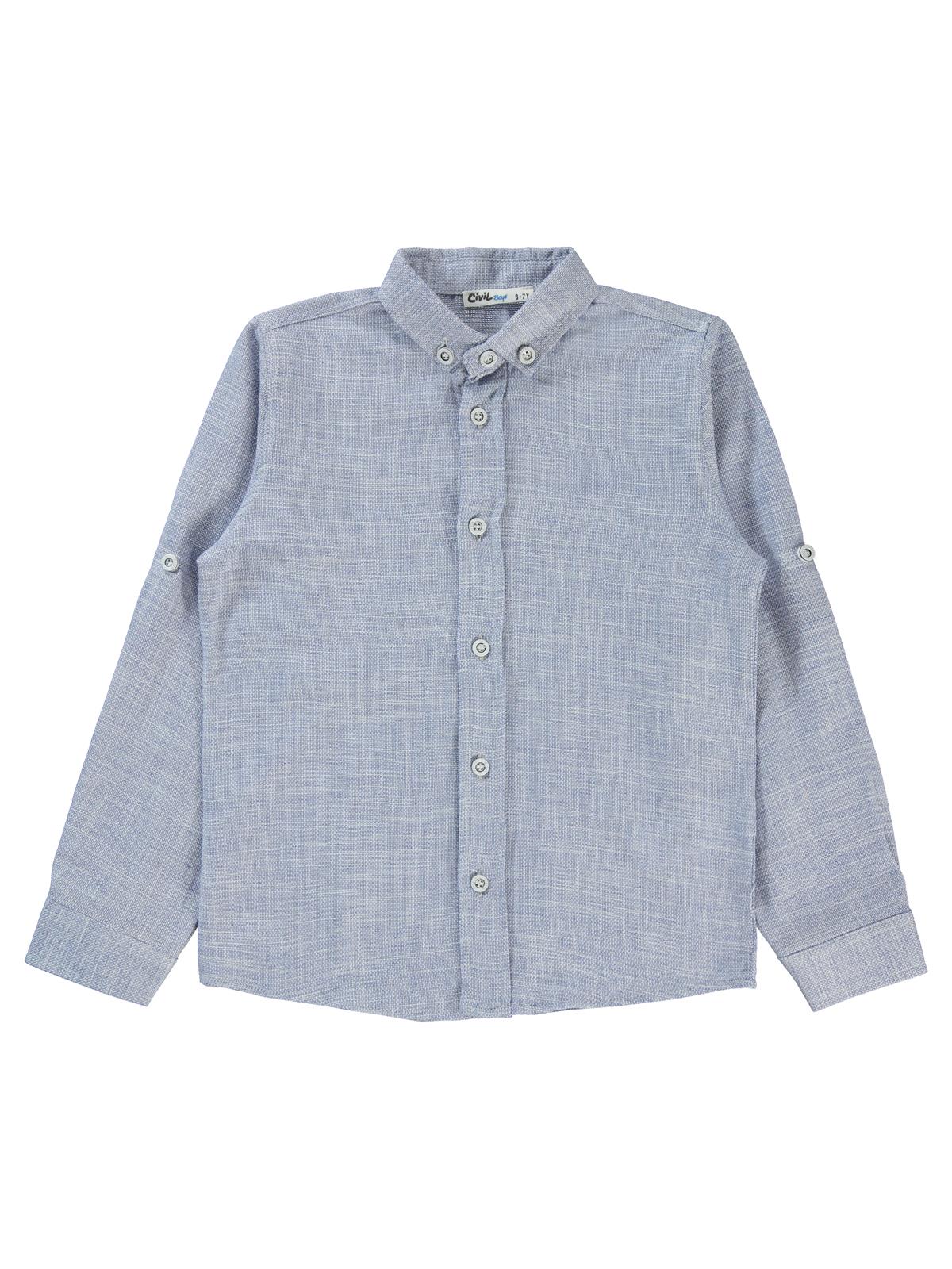 Civil Boys Yelkenli Nakışlı Hasır Kumaş 10-13 Yaş Gömlek - Mavi