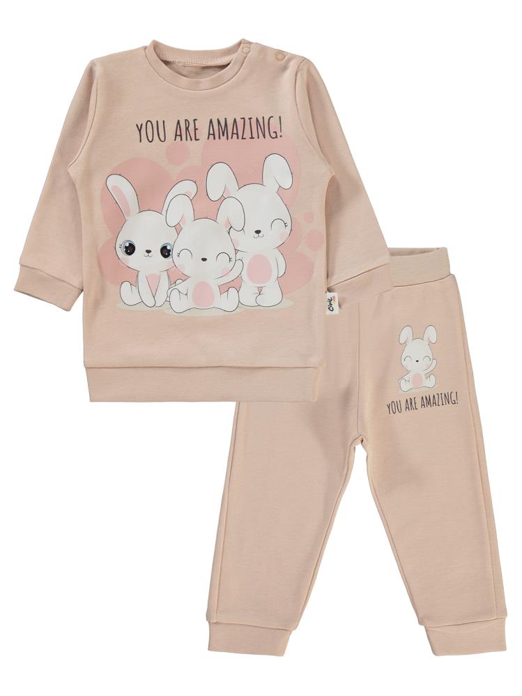 Civil Baby Tavşanlar Baskılı 6-18 Ay Takım - Pudra