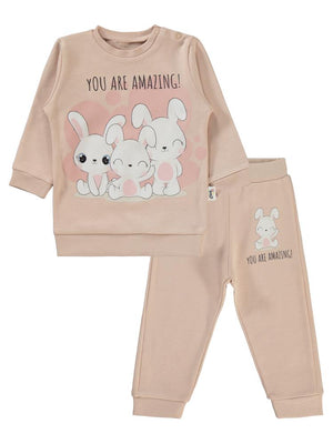 Civil Baby Tavşanlar Baskılı 6-18 Ay Takım - Pudra