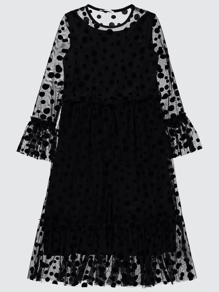 Civil Girls Puanlı Flog Baskılı Tül 10-13 Yaş Elbise - Siyah