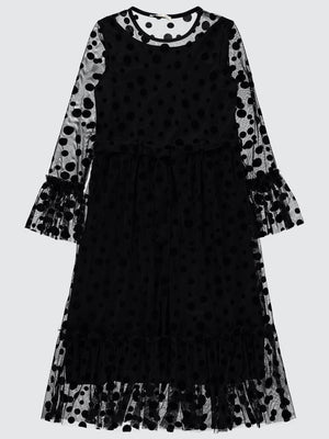 Civil Girls Puanlı Flog Baskılı Tül 10-13 Yaş Elbise - Siyah