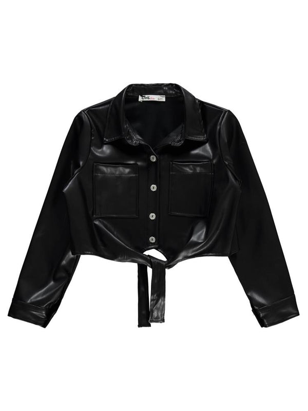 Civil Girls Önü Bağlamalı Deri 10-13 Yaş Gömlek - Siyah