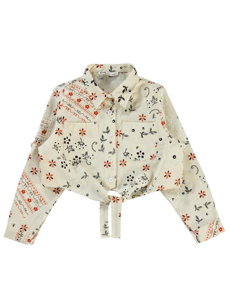 Civil Girls Çiçek Baskılı 6-9 Yaş Gömlek - Kahverengi