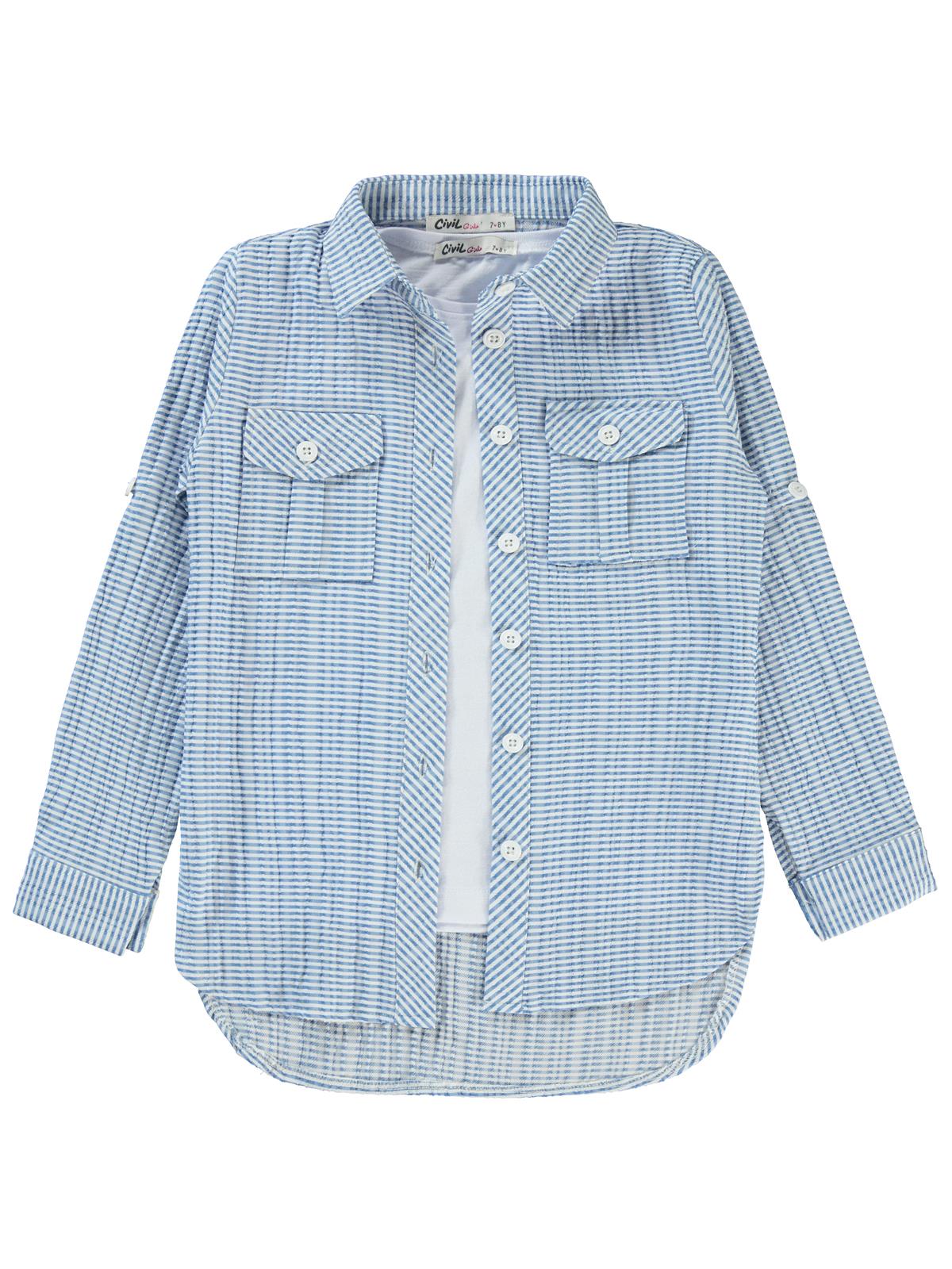 Civil Girls Düz Tişörtlü 6-9 Yaş Gömlek - Mavi